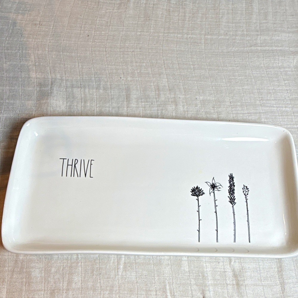 Rae Dunn THRIVE White Ceramic Rectangular Serving Tray Floral Design